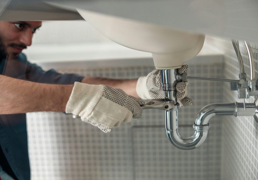 Close up of indian plumber is repairing faucet of a sink at bathroom using adjustable wrench