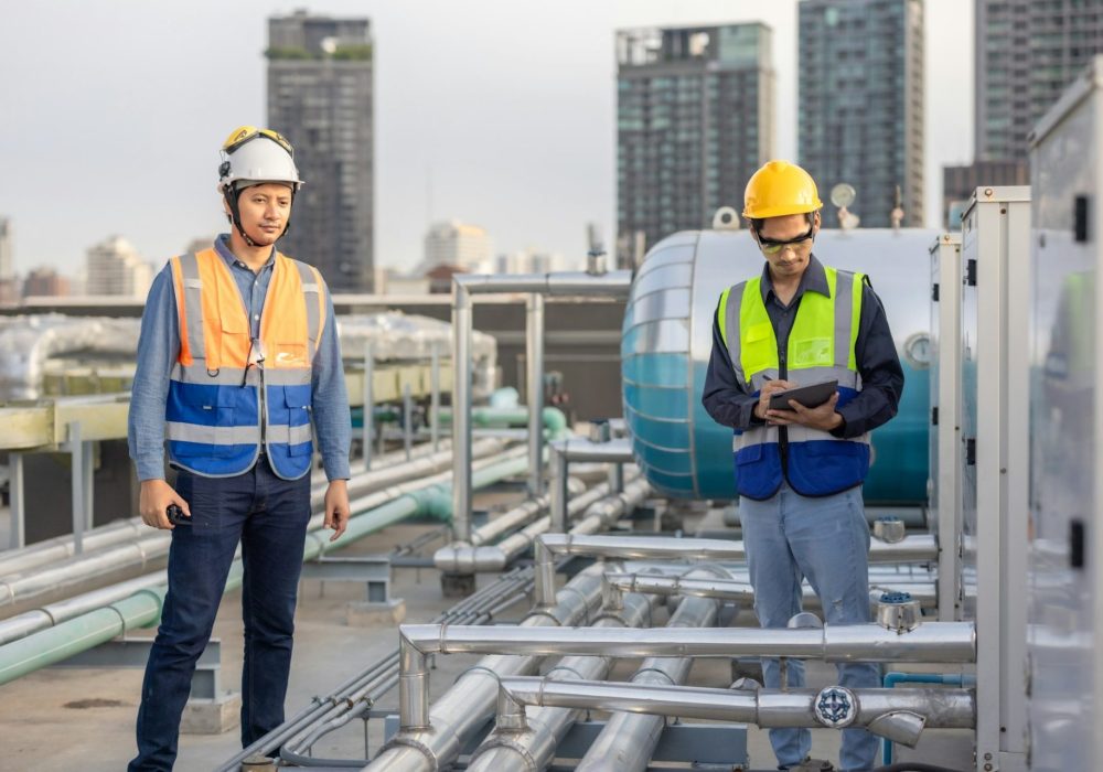 HVAC Engineer Coaching a Technician on Site During an Urban Maintenance Project